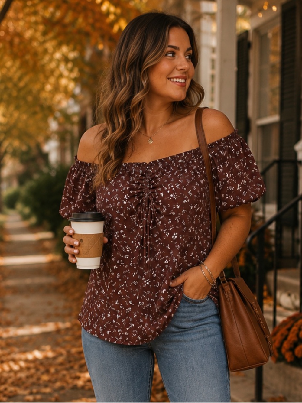 Women's Brown Floral Off-Shoulder Top